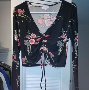 Floral Black adjustible Tie up Long Sleeve Top